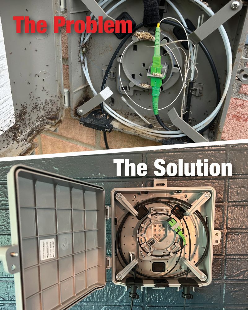 A competitor’s enclosure was recently opened to find ants cruising in and out through a poorly cut grommet hole. The pipe didn’t seal. The network wasn’t protected.